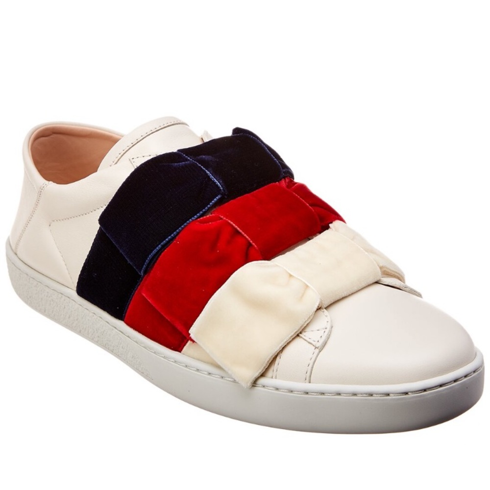 HOST PIC GUCCI ACE WHITE LEATHER SNEAKERS TRIPLE VELVET BOW DETAIL SZ EU 38.5